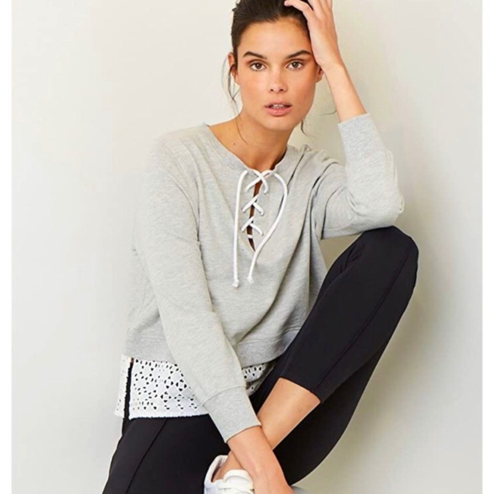 525 America Layered Lace Up Sweatshirt Small Grey & White Eyelet